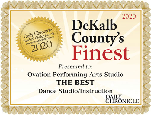 Graphic of a certificate showing that Ovation Performing Arts Studio was selected as the best dance studio in DeKalb County